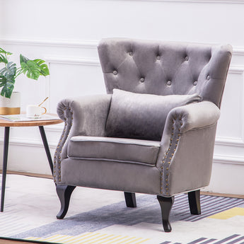 Grey Velvet Upholstered Wingback Armchair with Cushion
