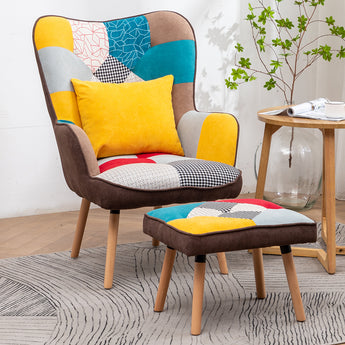 Multicolored Linen Upholstered Armchair with Footrest and Cushion