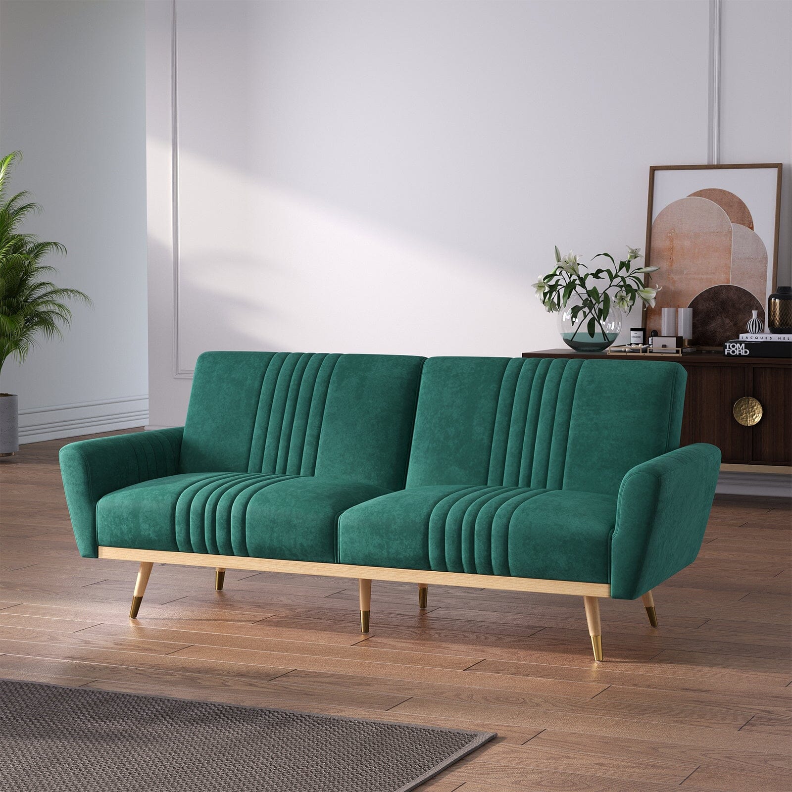 Modern Velvet 3 Seater Sofa Bed Recliner Couch with Wood Legs Living and Home