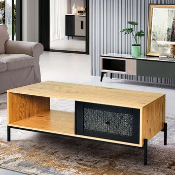 109CM Wide Wooden Coffee Table with Storage and Rattan Drawer