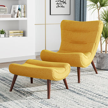 Yellow/Beige Towelling Upholstered Curved Lounge Chair with Footstool