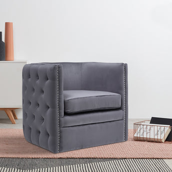 Tufted Grey Velvet Upholstered Swivel Tub Chair