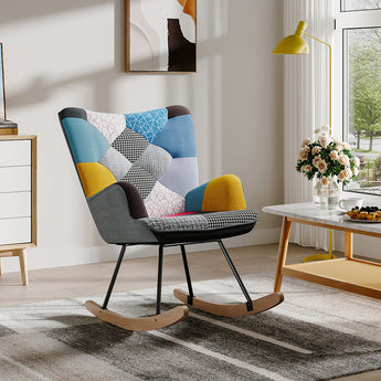 Multi-Colour Linen Upholstered Rocking Chair with Wooden Runners