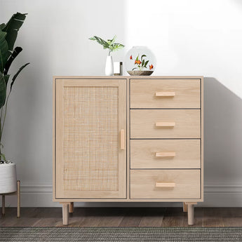 Wooden Rattan Sideboard with 1 Storage Cabinet and 4 Drawers