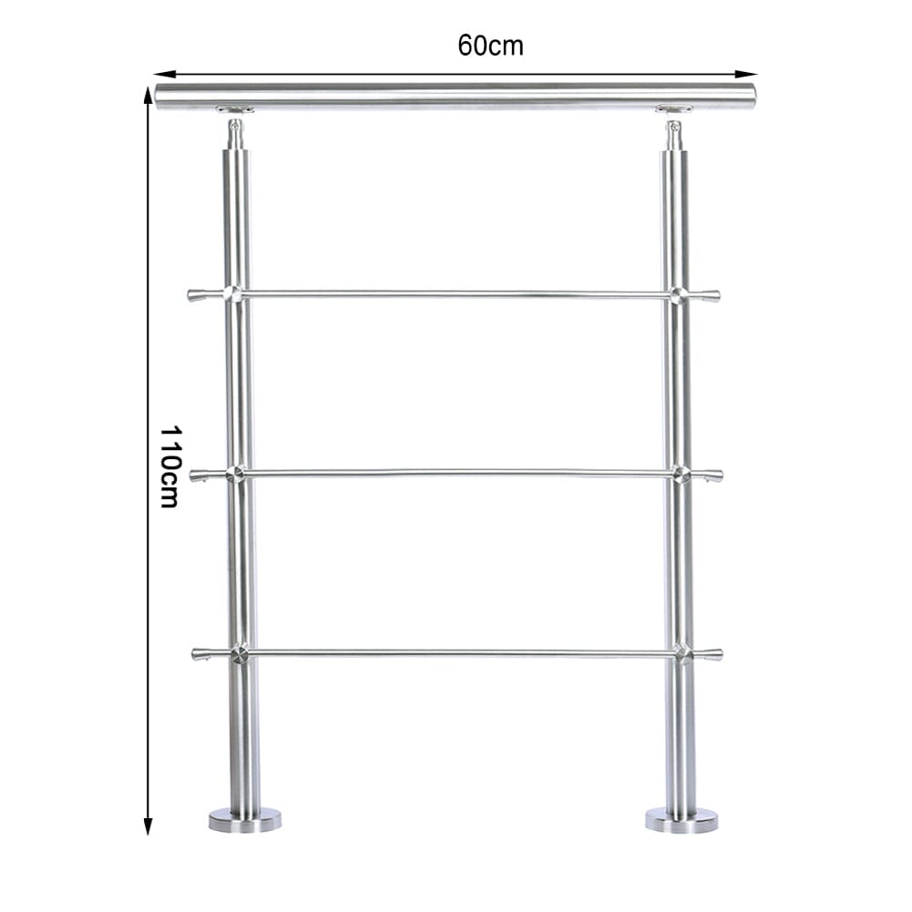 60cm Wide Silver Floor Mount Stainless Steel Handrail for Slopes and Stairs Garden Fences & Wall Hedges Living and Home With 3 Cross Bars