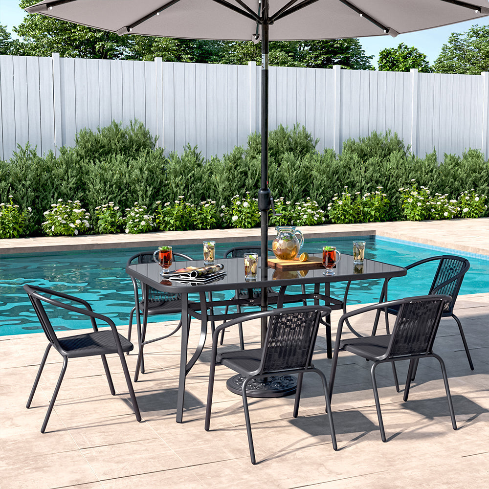 Garden Rectangular Tempered Glass Table and Rattan Chairs Garden Dining Sets