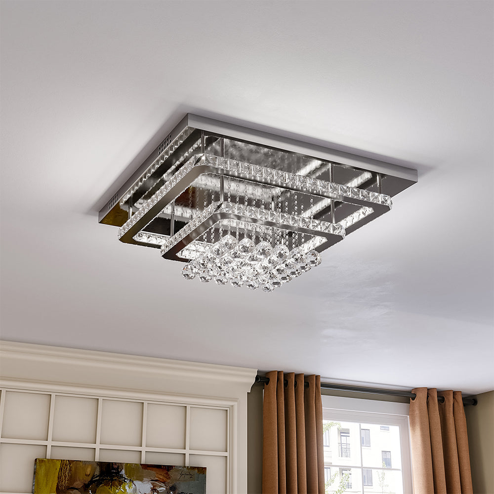 Double Layer Chrome Finished Square LED Ceiling Light with Luxury Crystal Ball Drops Ceiling Lights Living and Home