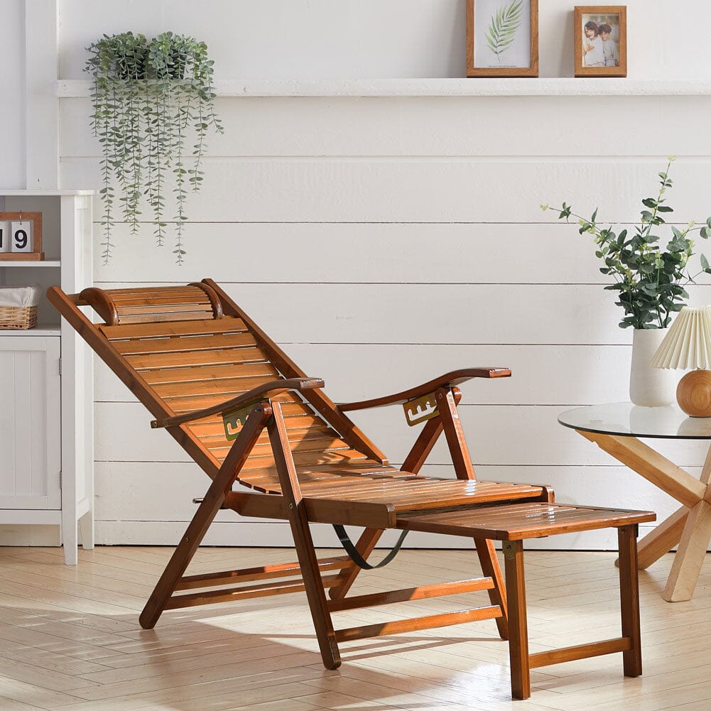 Bamboo Foldable Recliner Lounge Chair with Retractable Footrest Sun Loungers Living and Home