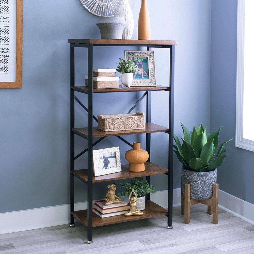 Industrial-Style 5-Tier Vintage Iron Bookshelf with E1 Grade PB Boards Living and Home