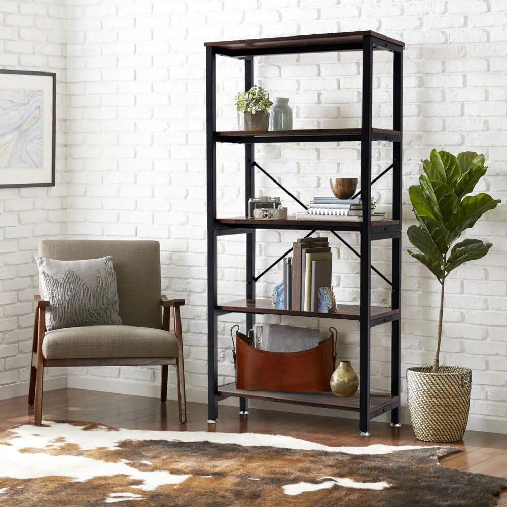 Industrial-Style 5-Tier Vintage Iron Bookshelf with E1 Grade PB Boards Living and Home