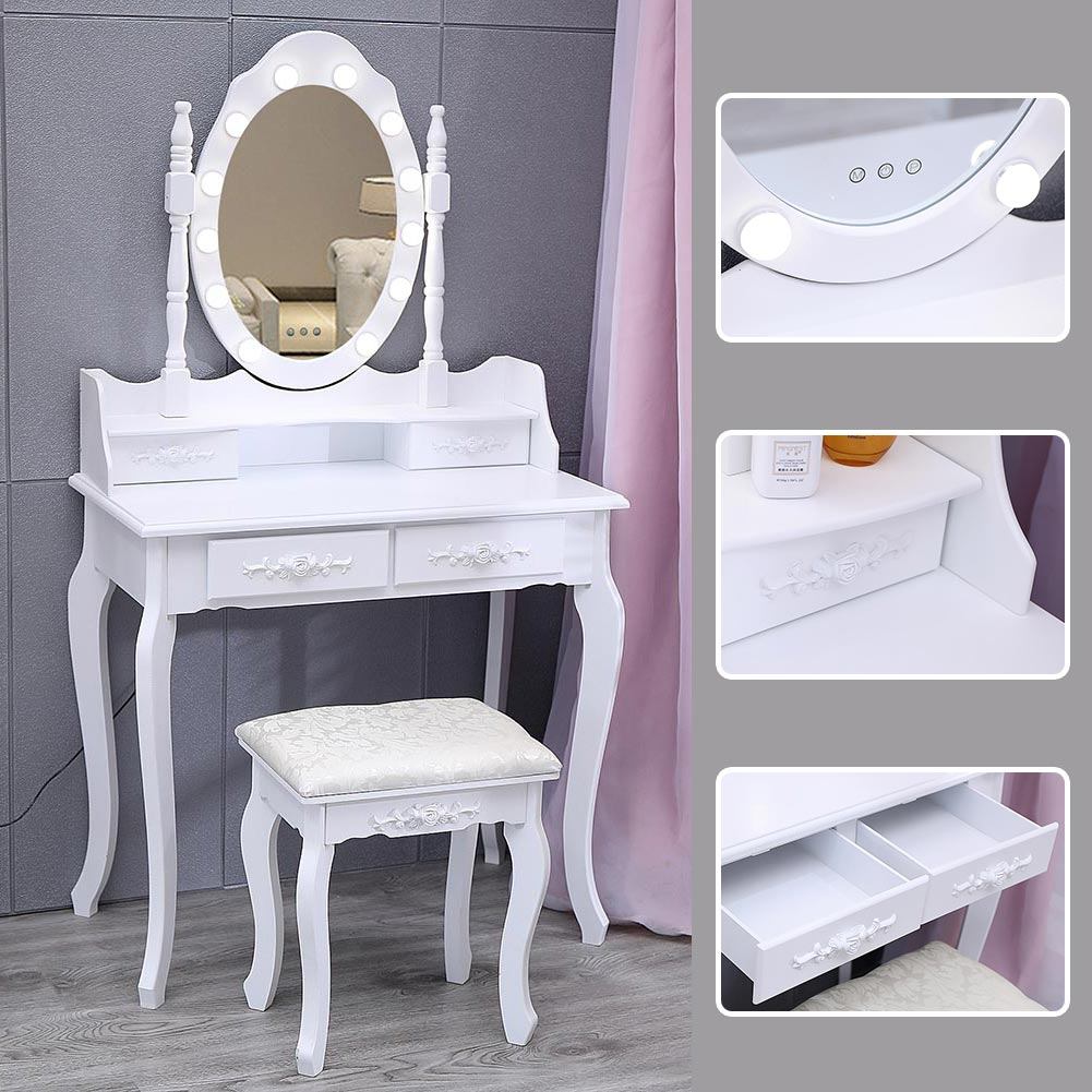 4 Drawers Dressing Table Dressers Bedroom with Bulbs Mirror & Stool Set White Bedroom Vanities Living and Home
