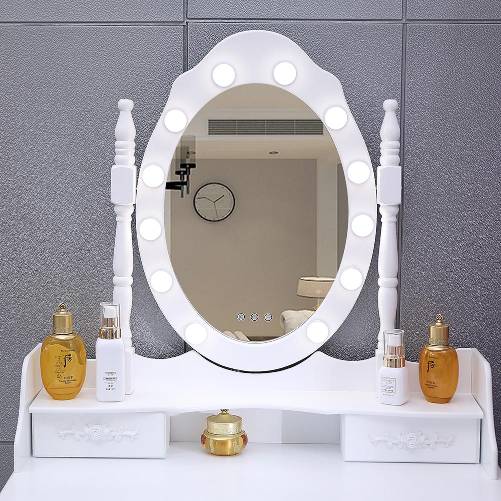 4 Drawers Dressing Table Dressers Bedroom with Bulbs Mirror & Stool Set White Bedroom Vanities Living and Home