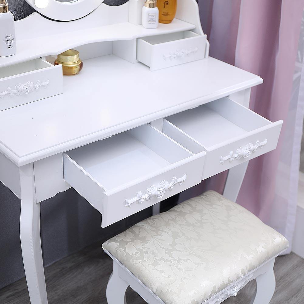 4 Drawers Dressing Table Dressers Bedroom with Bulbs Mirror & Stool Set White Bedroom Vanities Living and Home