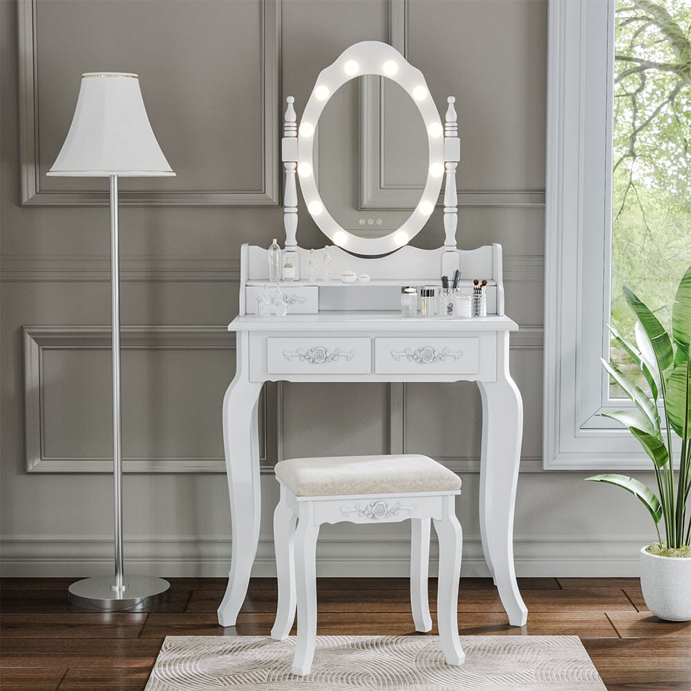 4 Drawers Dressing Table Dressers Bedroom with Bulbs Mirror & Stool Set White Dressing Tables Living and Home