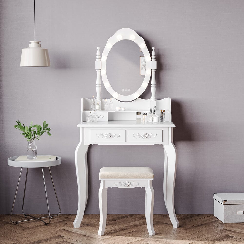 4 Drawers Dressing Table Dressers Bedroom with Bulbs Mirror & Stool Set White Dressing Tables Living and Home