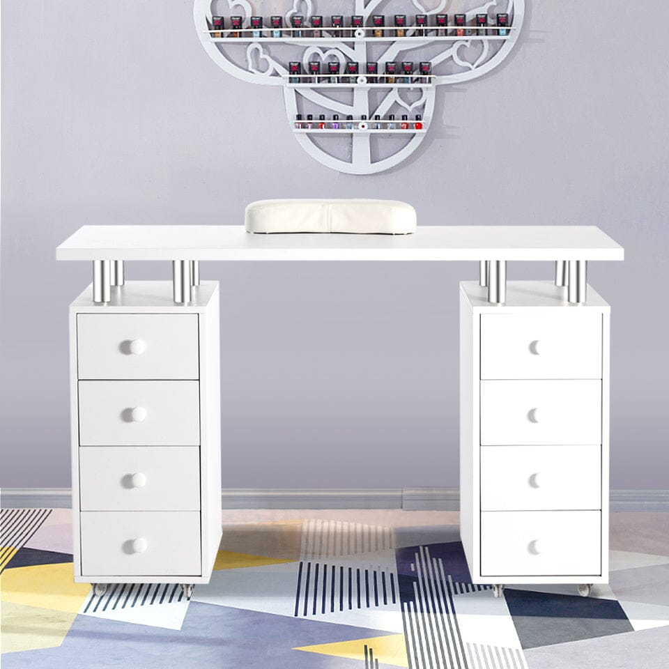 120cm Wide White Professional Manicure Table on Wheels with 8 Drawer Dressing Tables Living and Home