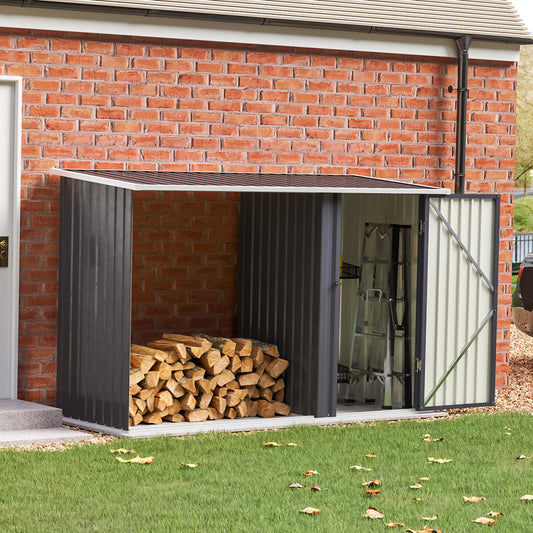 250CM Wide Metal Garden Storage Shed with Open Log Rack