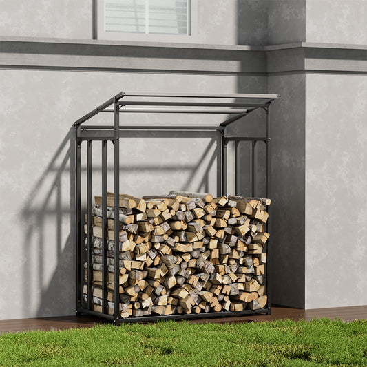 70CM Depth Metal Garden Firewood Rack Storage Shed with Roof and Cover
