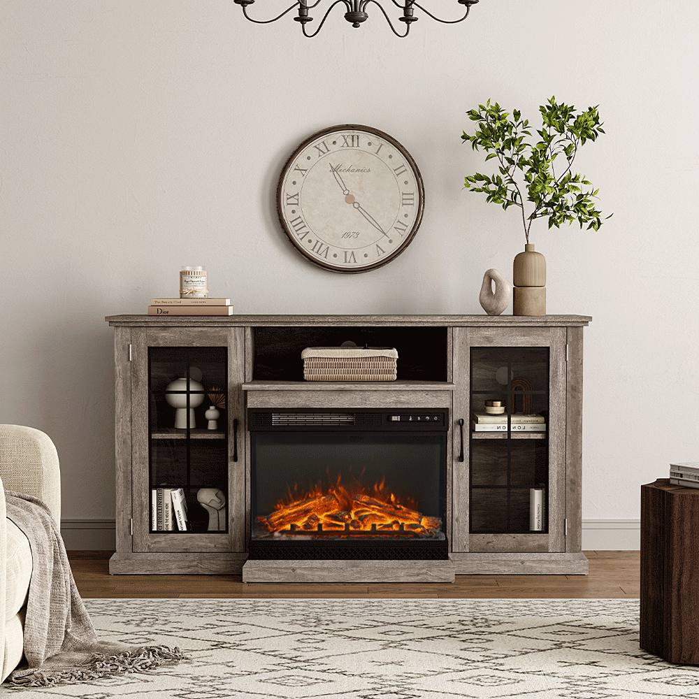 5ft Freestanding Fireplaces 3-Sided Electric Fireplace Rustic Grey TV Stand With Remote Control Freestanding Fireplaces Living and Home