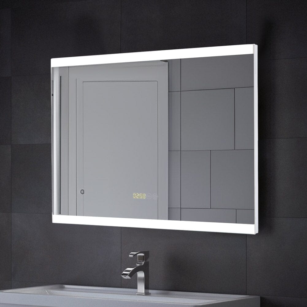 Large Rectangular Frameless Anti-Fog LED Vanity Mirror with Clock Bathroom Mirrors Living and Home