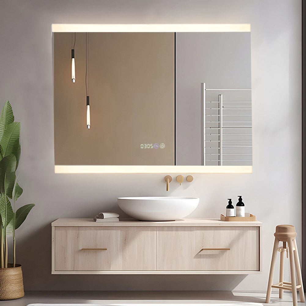 Large Rectangular Frameless Anti-Fog LED Vanity Mirror with Clock Bathroom Mirrors Living and Home