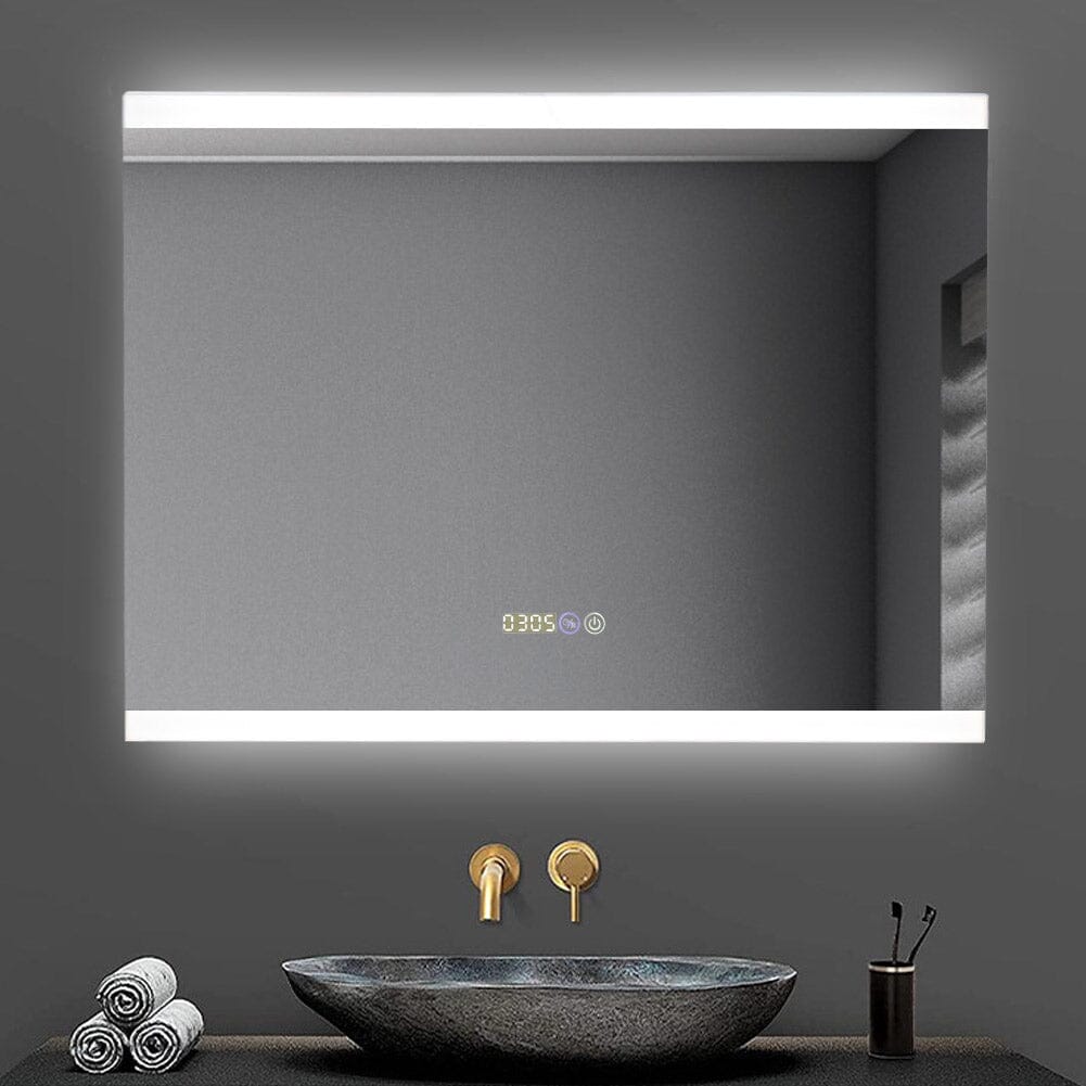 Large Rectangular Frameless Anti-Fog LED Vanity Mirror with Clock Bathroom Mirrors Living and Home