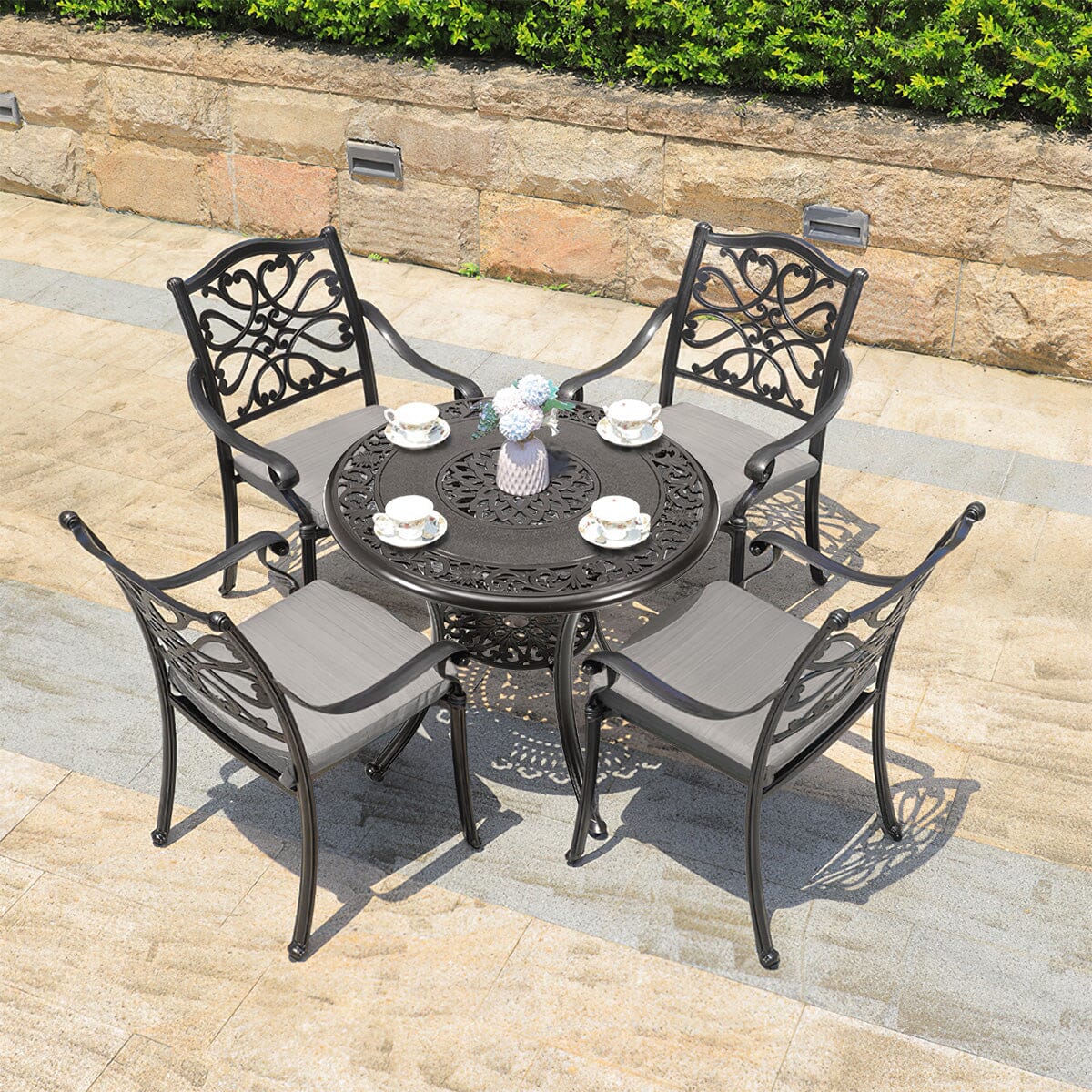 Black Cast Aluminum Round Patio Dining Table with Umbrella Hole Garden Dining Tables Living and Home