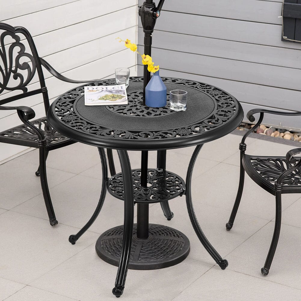 Black Cast Aluminum Round Patio Dining Table with Umbrella Hole Garden Dining Tables Living and Home