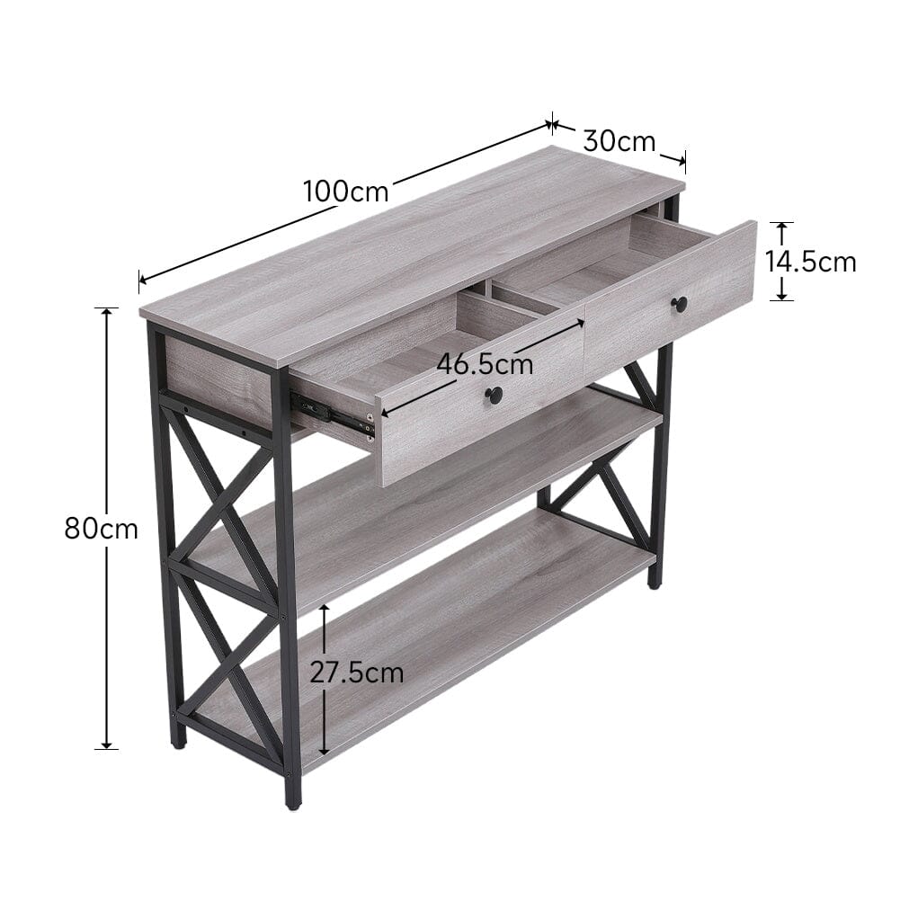100 cm W Rustic Grey Narrow Wooden Console Table with Drawers Console Tables Living and Home