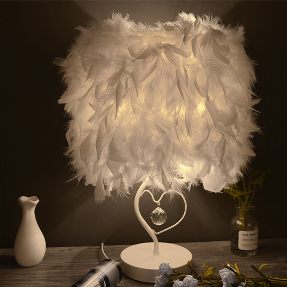 White Feather Table Lamp Bedside Nightstand Lamp with Heart Shape Base Table Lamps Living and Home