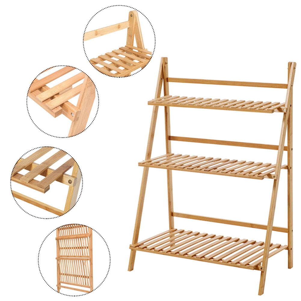 3-Tier Foldable Plant Stand Wooden Ladder Shelf Natural/White Living and Home