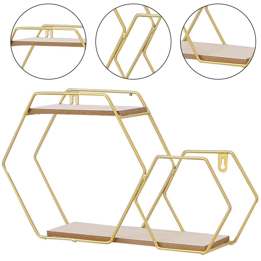 2-Tier Geometric Floating Shelf Easy Assembly Gold Framed Wall Shelf Wall & Display Shelves Living and Home