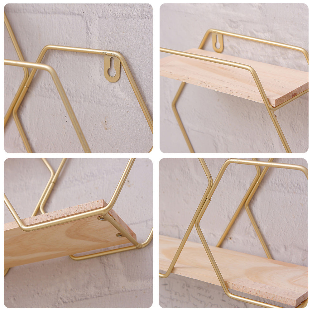 2-Tier Geometric Floating Shelf Easy Assembly Gold Framed Wall Shelf Wall & Display Shelves Living and Home