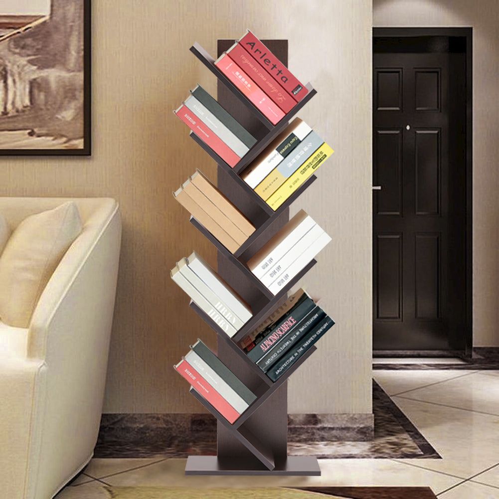 Freestanding Floor Bookshelf Wooden Tree-like Tabletop Display Shelf Shelves & Racks Living and Home 9-Tier Shelf