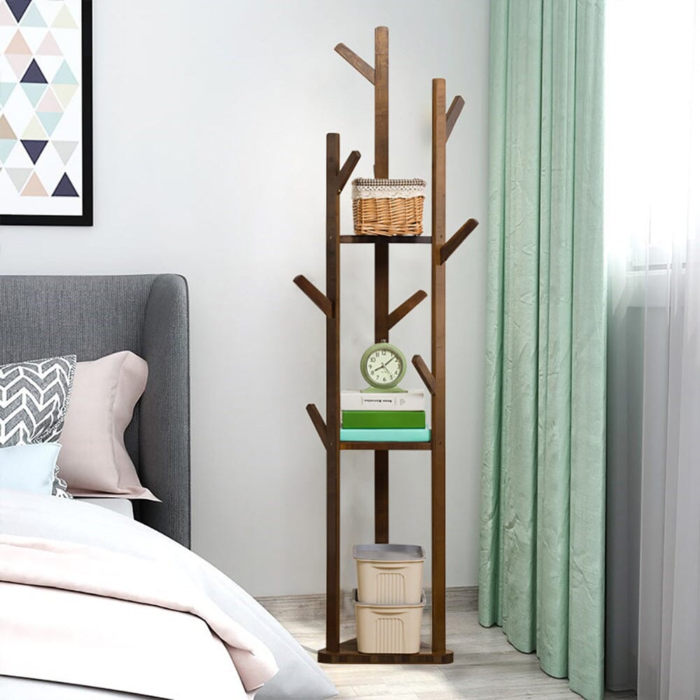 Wooden Coat Rack Stand with 3 Shelves for Entryway Living and Home