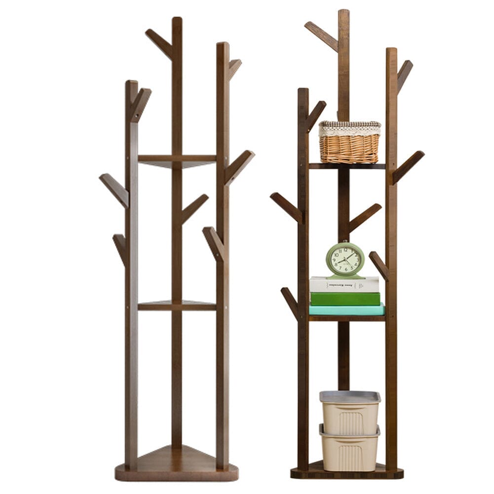 Wooden Coat Rack Stand with 3 Shelves for Entryway Living and Home