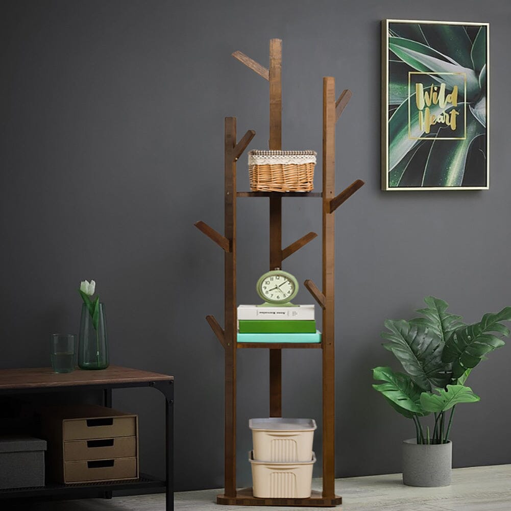 Wooden Coat Rack Stand with 3 Shelves for Entryway Living and Home