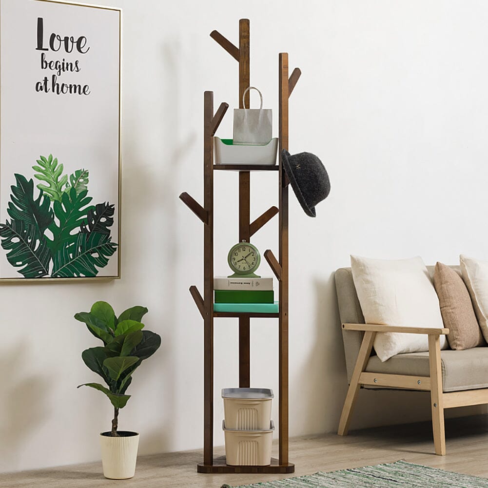 Wooden Coat Rack Stand with 3 Shelves for Entryway Living and Home