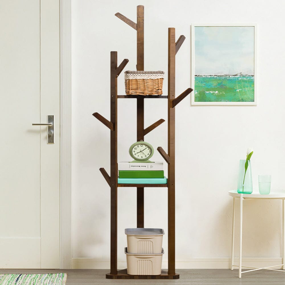 Wooden Coat Rack Stand with 3 Shelves for Entryway Living and Home