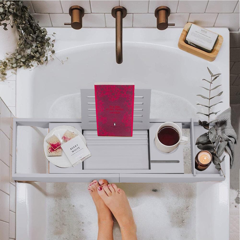 Simple Expandable Bamboo Wooden Tub Tray Shower Caddies Living and Home