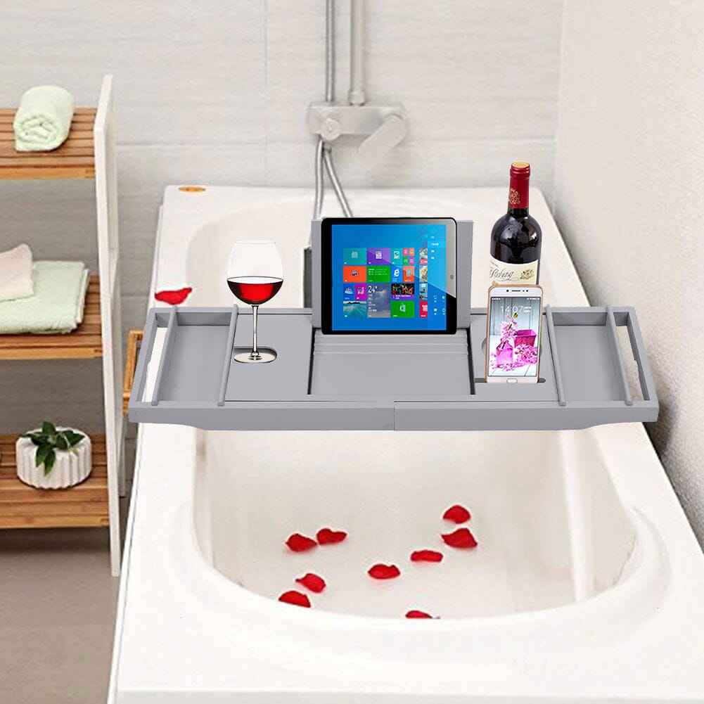 Simple Expandable Bamboo Wooden Tub Tray Shower Caddies Living and Home
