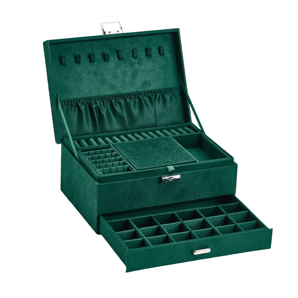 3-Tier Dark Green Velvet Jewellery Box with Lock Jewellery Boxes Living and Home