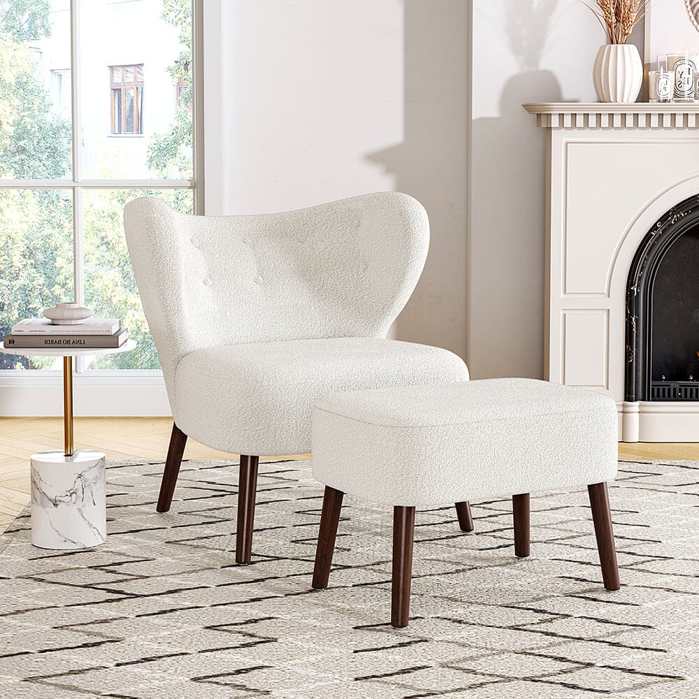 White Boucle Teddy Upholstered Accent Chair with Footstool Lounge Chairs Living and Home