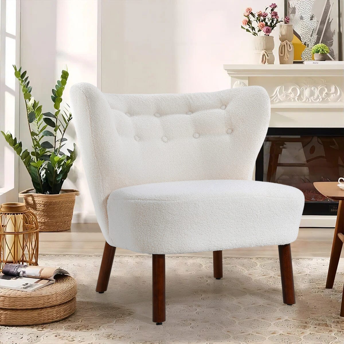 White Boucle Teddy Upholstered Accent Chair with Footstool Lounge Chairs Living and Home