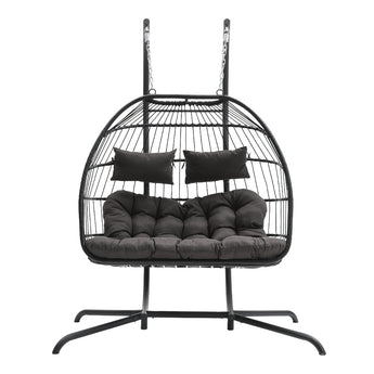 Outdoor Hanging 2-Seater Swing Chair Egg Chair with Four-Leg Stand