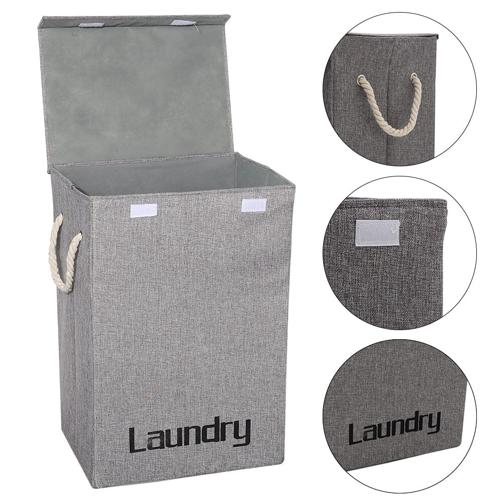 Cotton Flax Hamper Laundry Baskets Foldable Washing Clothes Storage with Lid - Grey Laundry Baskets Living and Home