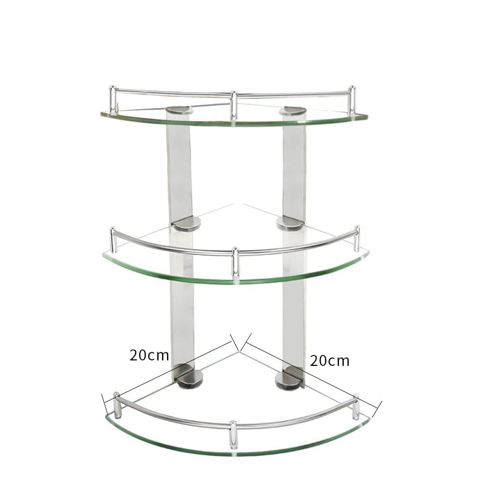 3 Tiers Bathroom Tempered Glass Corner Shelf with Steel Rail Wall Mounted Shower Caddies Living and Home 20x20cm