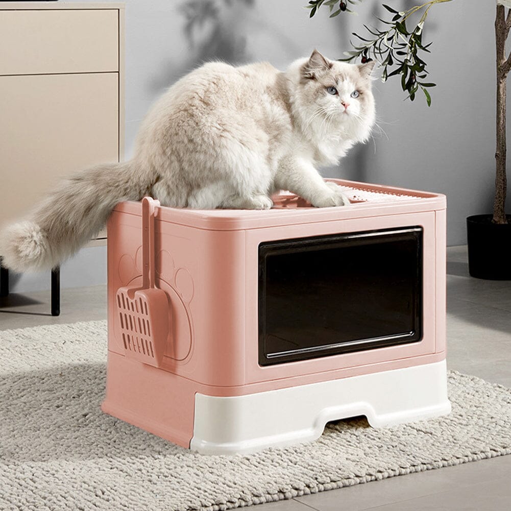 Enclosed Folding Plastic Cat Litter Box with Scoop Living and Home