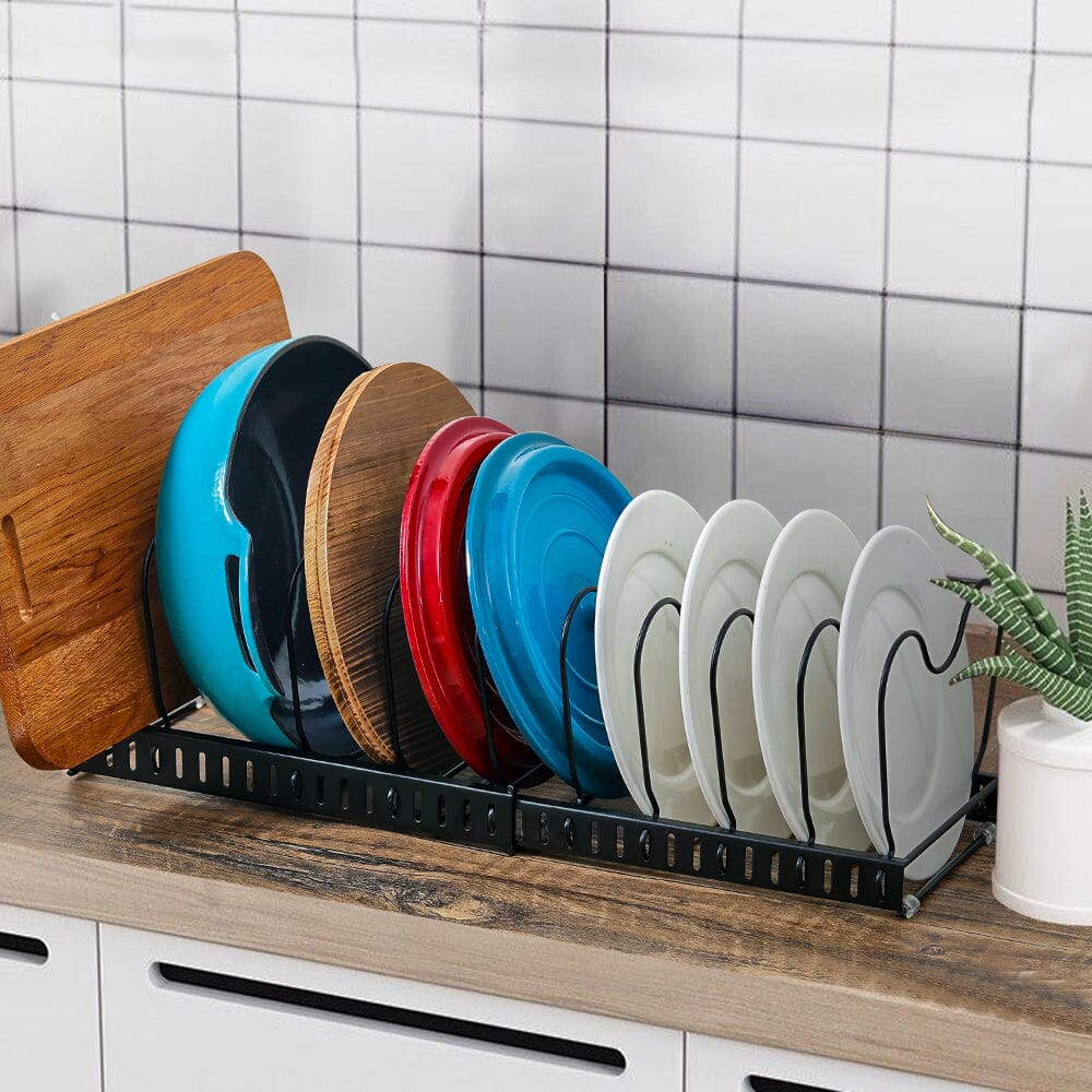 Expandable Pot Pan Lid Rack Pan Organiser with 10 Dividers Kitchen Shelves Living and Home