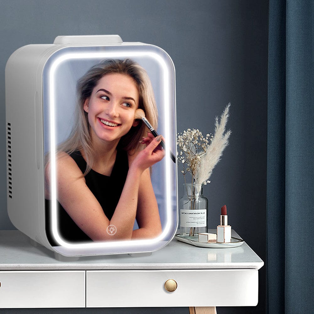 White 12L Mini Makeup Storage Fridge with LED Mirror Door Makeup Organizers Living and Home